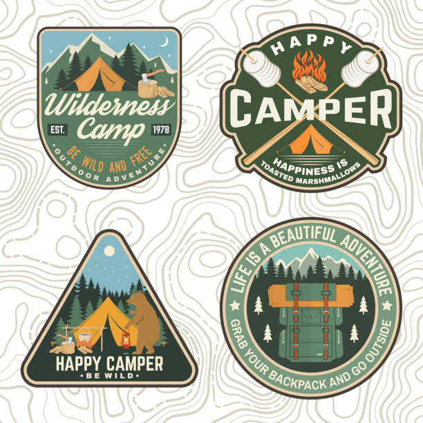 Set of Summer camp patches. Vector. Concept for shirt, print, stamp, apparel or tee. Vintage design with lantern, marshmallow, campin tent, axe, mountain, campfire and forest silhouette