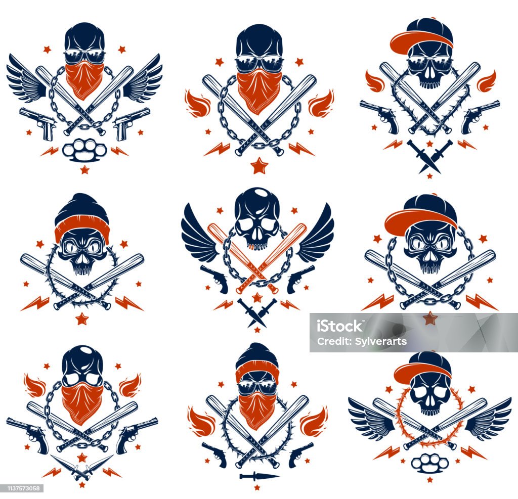 Gangster emblem tattoo with aggressive skull baseball bats and other weapons and design elements, vector set, criminal ghetto vintage style, gangster anarchy or mafia theme. Animal Body Part stock vector