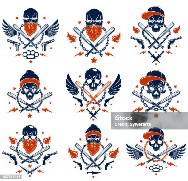 Gangster Emblem Tattoo With Aggressive Skull Baseball Bats And Other Weapons And Design Elements Vector Set Criminal Ghetto Vintage Style Gangster Anarchy Or Mafia Theme Stock Illustration - Download Image Now