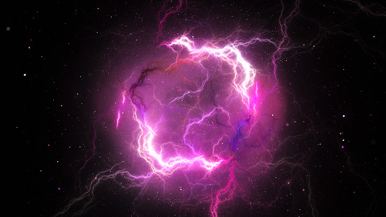Purple plasma lightning in space, computer generated abstract background, 3D rendering