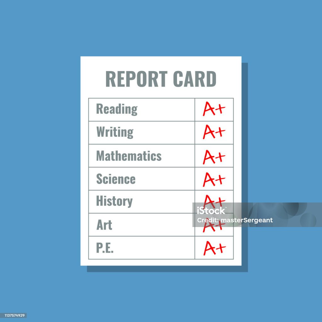 school report card with A plus grades, flat design vector illustration Report Card stock vector