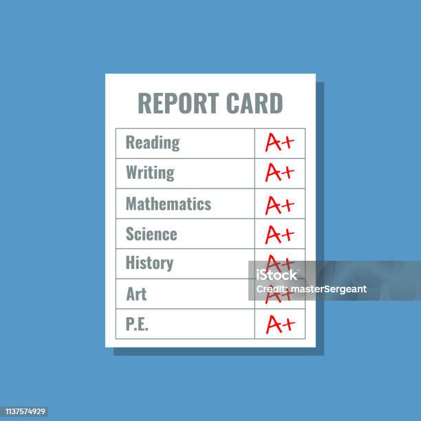 School Report Card With A Plus Grades Flat Design Vector Illustration Stock Illustration - Download Image Now