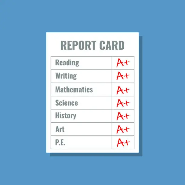 Vector illustration of school report card with A plus grades, flat design vector illustration