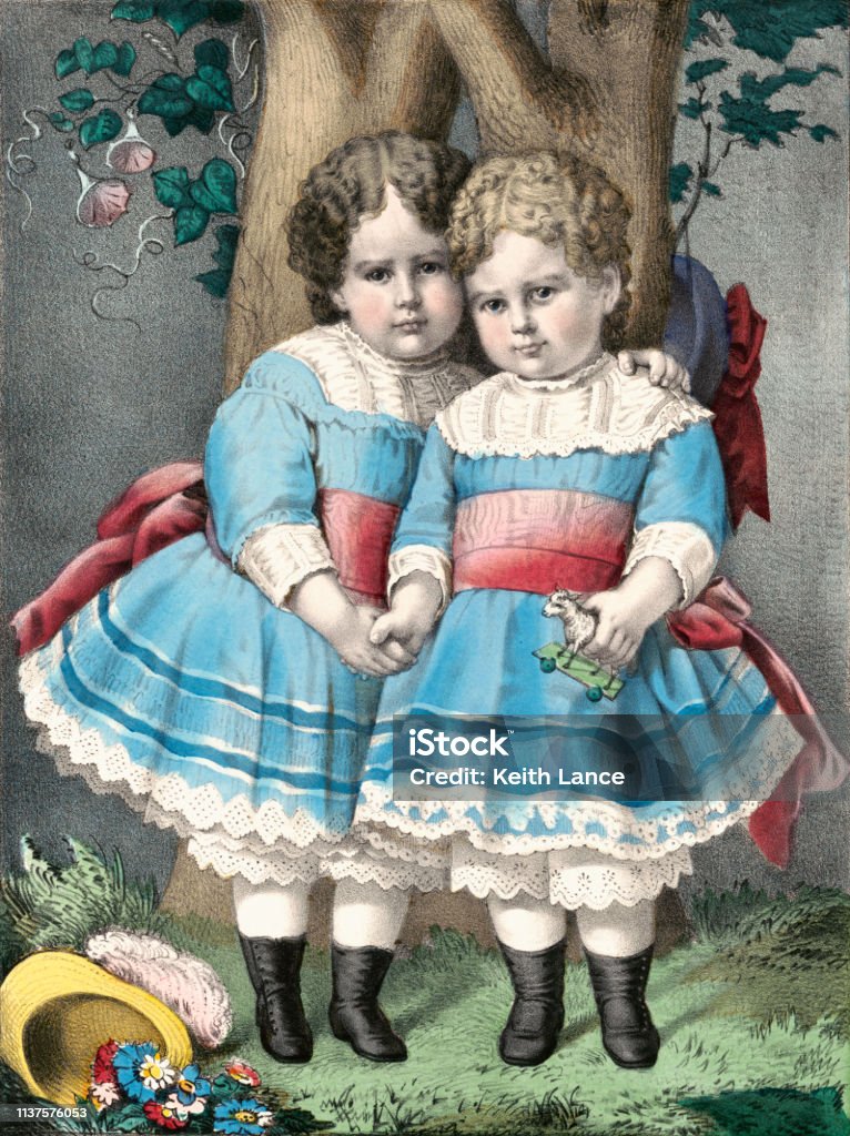 Two Little Sisters Vintage illustration depicts a portrait of two little girls, possibly sisters, wearing the same dress. Twin stock illustration