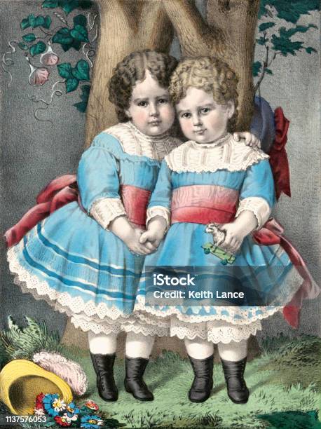 Two Little Sisters Stock Illustration - Download Image Now - Twin, Child, Color Image