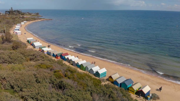 istock Brighton Beach's Beach Boxes, aerial panoramic view in winter 1137576411