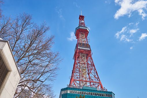 Sapporo, Japan - February 18, 2019: A beautiful scenic of Sapporo TV tower in winter at Sapporo city, Hokkaido, Japan.