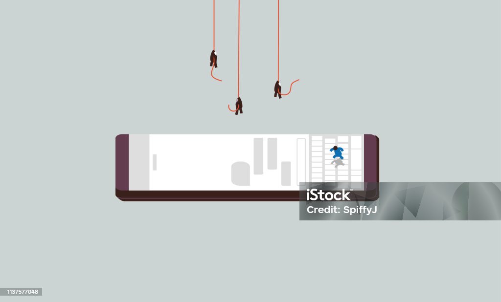 Phone addiction Tiny people using a mobile phone Rappelling stock vector