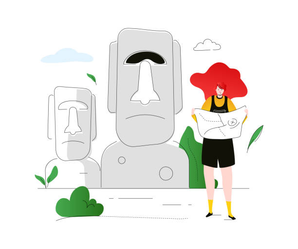 illustrazioni stock, clip art, cartoni animati e icone di tendenza di visita l'isola di pasqua - illustrazione in stile design piatto colorato - easter island moai statue chile sculpture