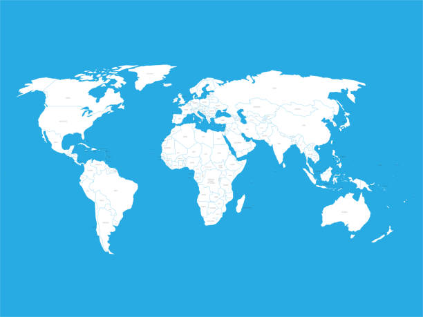 istock Political vector World Map with state name labels. White land with black text on blue background. Hand drawn simplified illustration 1137585878