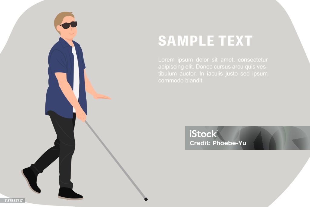 Cartoon People Character Design Banner Template Blind Young Man Walk With A  Walking Cane Stock Illustration - Download Image Now - iStock