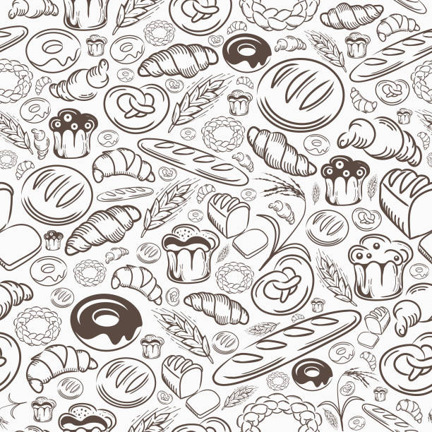 Bakery Seamless Pattern A hand drawing seamless pattern of bakery delights. bread backgrounds stock illustrations
