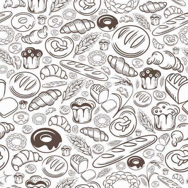 Bakery Seamless Pattern A hand drawing seamless pattern of bakery delights. bun bread stock illustrations