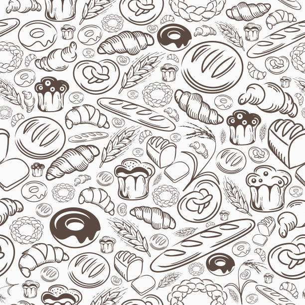 Bakery Seamless Pattern A hand drawing seamless pattern of bakery delights. breakfast background stock illustrations