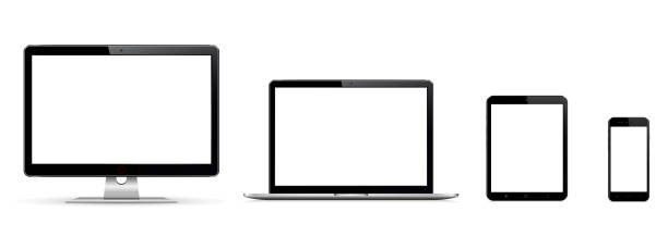 Realistic set of monitor, laptop, tablet, smart phone Modern computer monitor, laptop, digital tablet and mobile phone with blank screen. Isolated on white background. Vector illustration. netbook stock illustrations