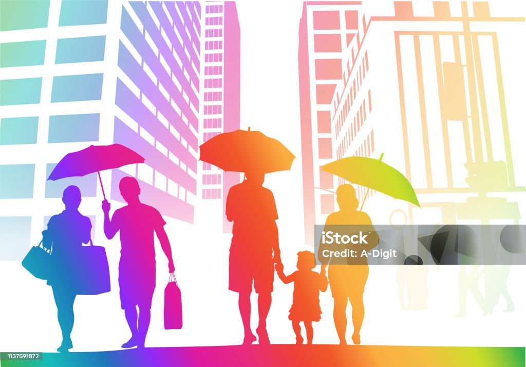 Big City Umbrella Weather Rainbow Rainy day downtown with colourful silhouette pedestrians Family stock vector