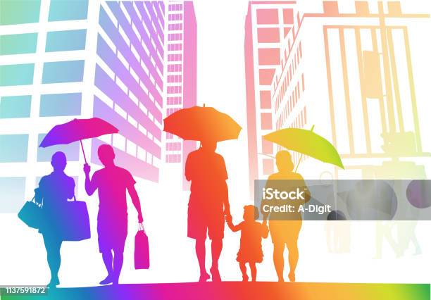 Big City Umbrella Weather Rainbow Stock Illustration - Download Image Now - Family, Walking, White Background