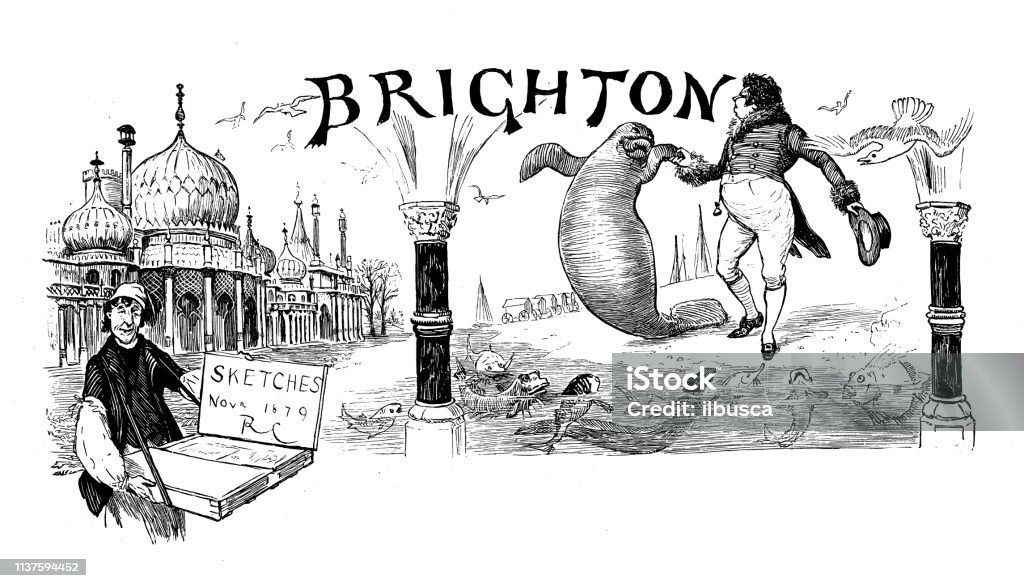 Antique illustration by Randolph Caldecott: Brighton Brighton - England stock illustration