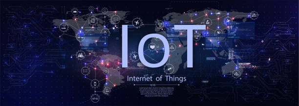 konzept internet der geräte und konnektivitätskonzepte in einem netzwerk. spider web von netzwerkverbindungen mit auf futuristischem blauen hintergrund. im stil von hud ui gui. - spider web computer network internet communication stock-grafiken, -clipart, -cartoons und -symbole