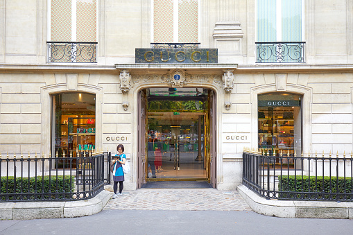 Paris, France - July 22, 2017: Gucci fashion luxury store in avenue Montaigne in Paris, France.