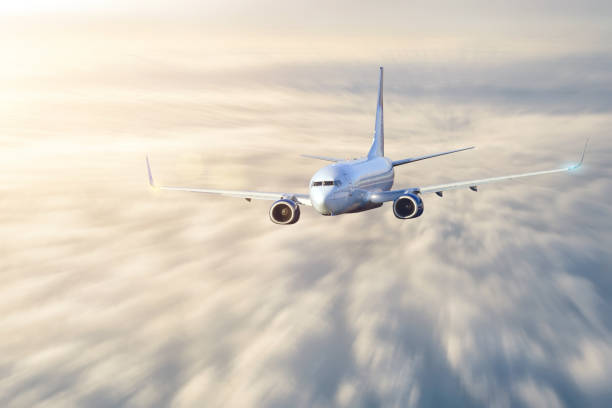 istock Passenger aircraft in motion blur flies cloudscape evening light before sunset. 1137596888