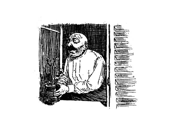 античная иллюстрация рэндольфа калдекотта: человек с вазой на окне - randolph caldecott stock illustrations