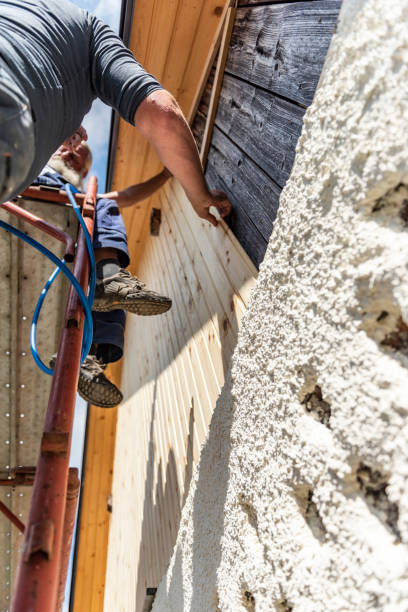 istock Construction workers installing wooden planks on house facade 1137600000