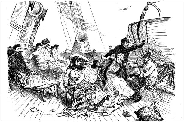 античная иллюстрация рэндольфа калдекотта: на лодке - randolph caldecott stock illustrations