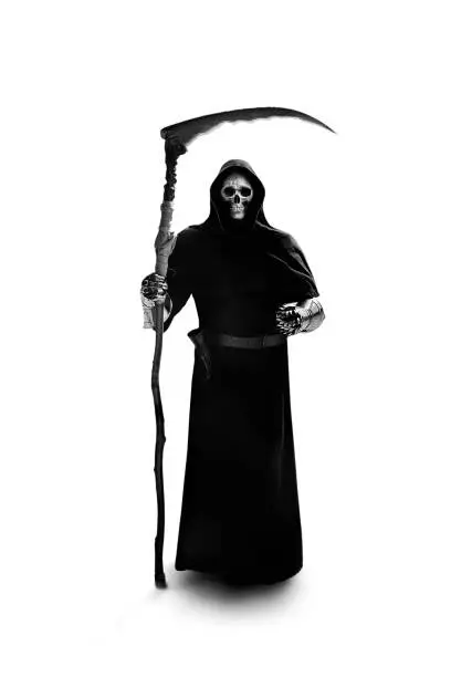 scary horror grim reaper with sickle on white background