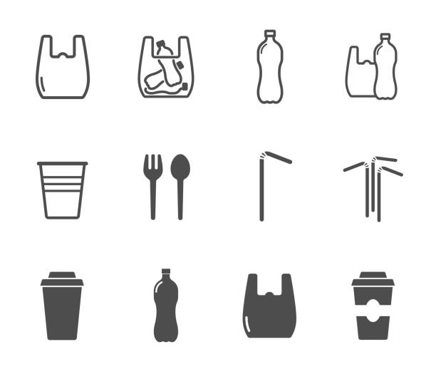 plastic products vector icon set. plastic products vector icon set. plastic bag, bottle, cup and straws outline and silhouette black icons fasting activity illustrations stock illustrations