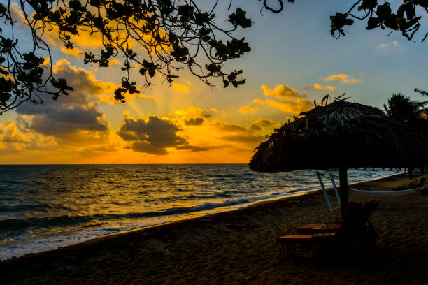 Sunrise at the beach with thatched roof huts and lounge chairs. Beach in Belize.