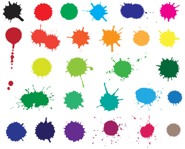 ilustraciones, imágenes clip art, dibujos animados e iconos de stock de conjunto vectorial de blobs en tintas. salpicadura de color aislada sobre fondo blanco - paint blob splattered spray