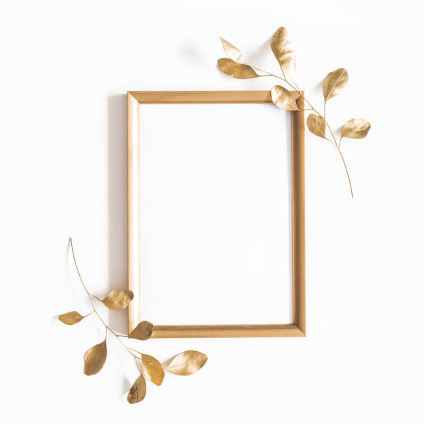 Eucalyptus golden leaves, photo frame on white background. Flat lay, top view, copy space, square