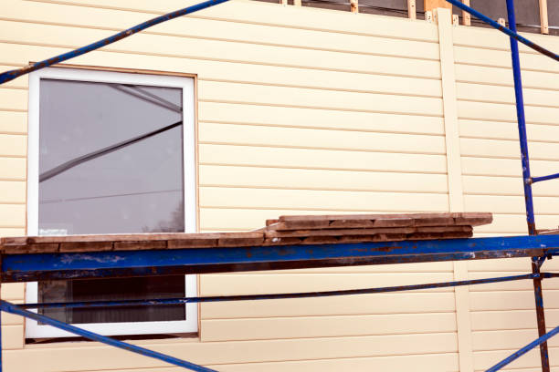 istock Scaffolding around house near wall with window and beige siding. 1137605761