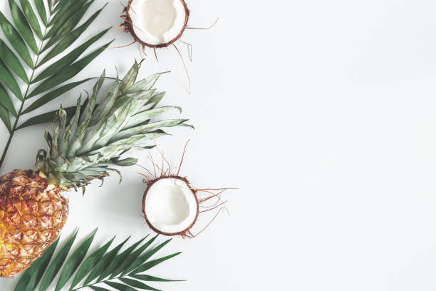 Summer composition. Tropical palm leaves, coconut, pineapple on pastel gray background. Summer concept. Flat lay, top view, copy space