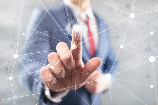 istock Blockchain network on blurred skyscrapers background. Financial technology and communication concept. 1137608205