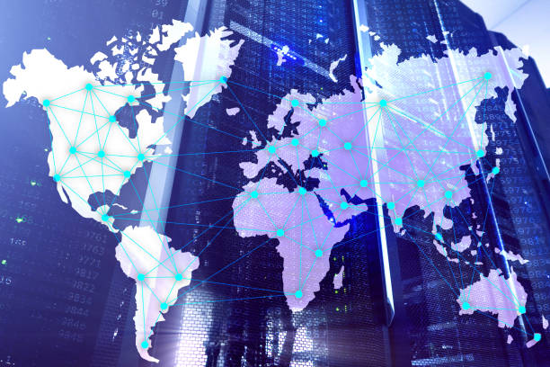 istock Internet and telecommunication concept with world map on server room background. 1137608219