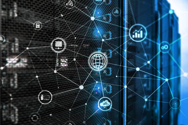 istock ICT - information and telecommunication technology and IOT - internet of things concepts. Diagrams with icons on server room backgrounds. 1137608313