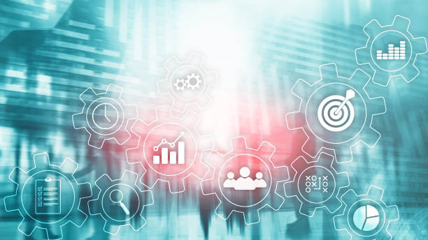 istock Business process automation concept. Gears and icons on abstract background. 1137609660