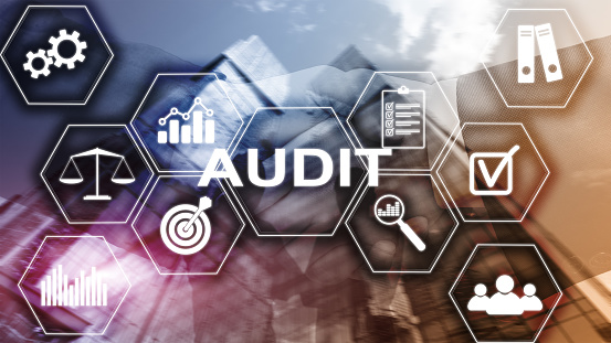 Audit business and finance concept. Ànalysis Annual Financial Statements, Analyze return on investment. Mixed media abstract background.