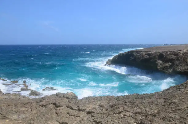 East coast of Aruba with waves crashing on Daimari beach.