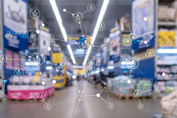 istock Shopping cart structure Retail marketing E-commerce blurred supermarket background. 1137610063