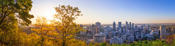 Amazing view of Montreal city at sunrise with colorful blue architecture, green and yellow landscape. stock photo