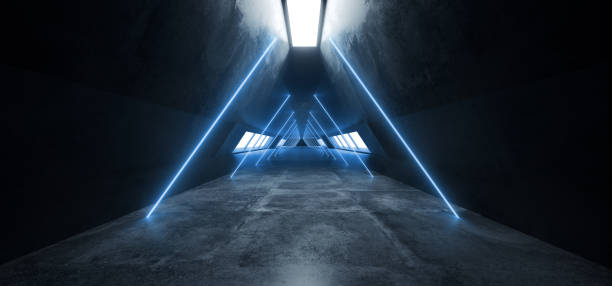 istock Neon Glowing White Blue Triangle Shaped Sci Fi Grunge Concrete Dark Futuristic Asphalt Empty Optical Spectrum Virtual Reality Reflective Hall Garage Stage Tunnel 3D Rendering 1137611148