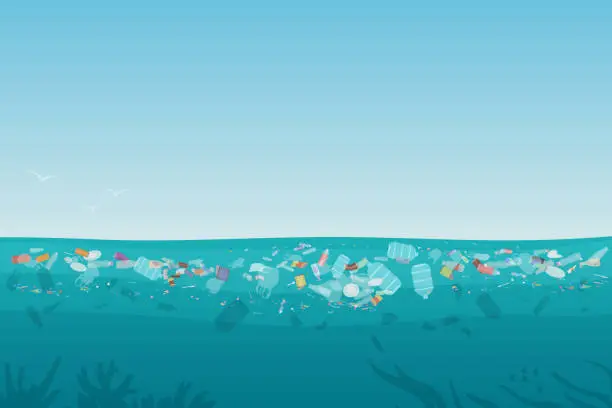 Vector illustration of Plastic pollution trash on sea surface with different kinds of garbage - plastic bottles, bags, wastes floating in water. Sea ocean water pollution background concept vector illustration.