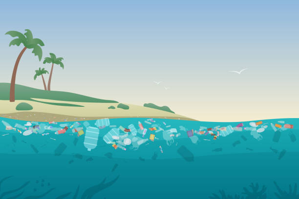 illustrations, cliparts, dessins animés et icônes de déchets de mer dans l'eau polluée. plage d'océan sale avec la poubelle et le plastique sur le sable et le concept d'illustration de vecteur de surface d'eau. - water pollution