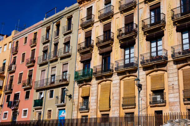 Tarragona, Spain. February 8, 2019. Old building facades and balconies