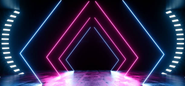 istock Neon Dark Grunge Concrete Background Asphalt Optical Illusion Fluorescent Purple Blue Vibrant Glowing Empty Space Sci Fi Futuristic Spaceship Stage 3D Rendering 1137612569