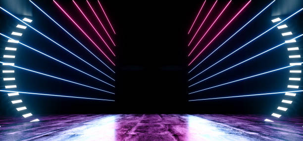 istock Neon Dark Grunge Concrete Background Asphalt Optical Illusion Fluorescent Purple Blue Vibrant Glowing Empty Space Sci Fi Futuristic Spaceship Stage 3D Rendering 1137612577