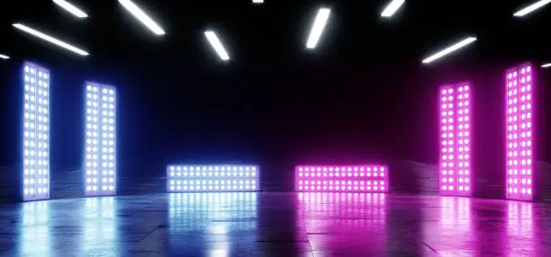 Photo of Neon Glowing Blue Purple Vibrant Background On Grunge Concrete Asphalt Reflective Spectrum Laser Show Optical Illusion Virtual Reality Empty Dark Sci Fi Futuristic Garage Room 3D Rendering